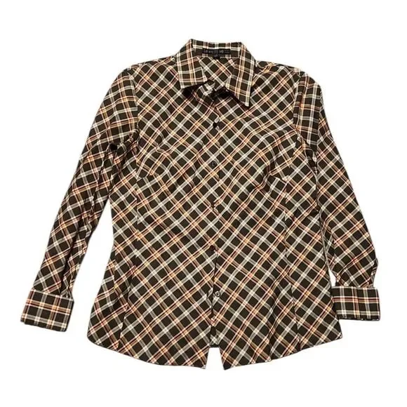 ✨Lafayette 148 - Grey & Orange Plaid Button Down Sz 4✨ - Picture 4 of 7